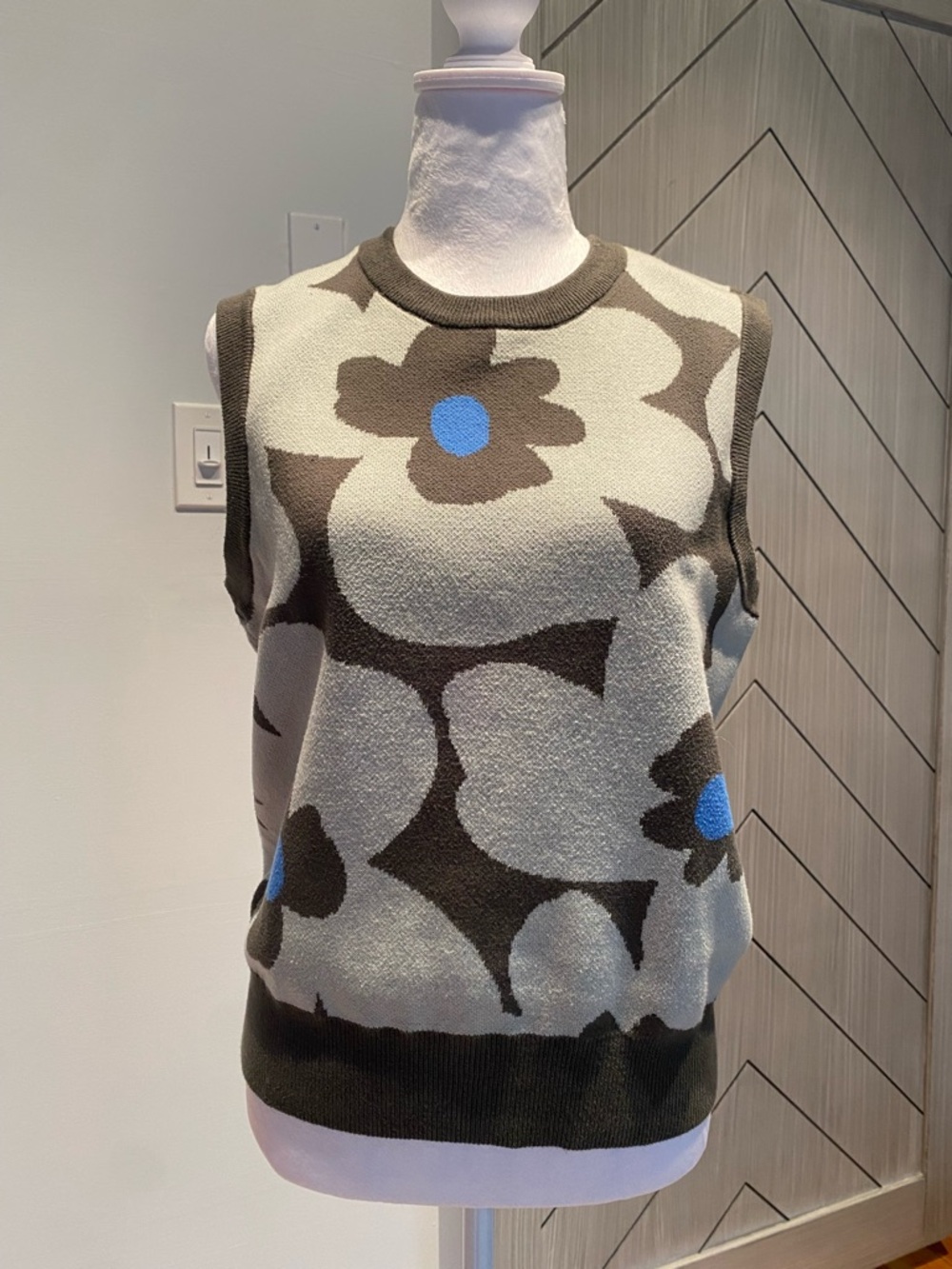 Frank & Oak Floral Crewneck Sweater Vest in Cream, Green & Blue